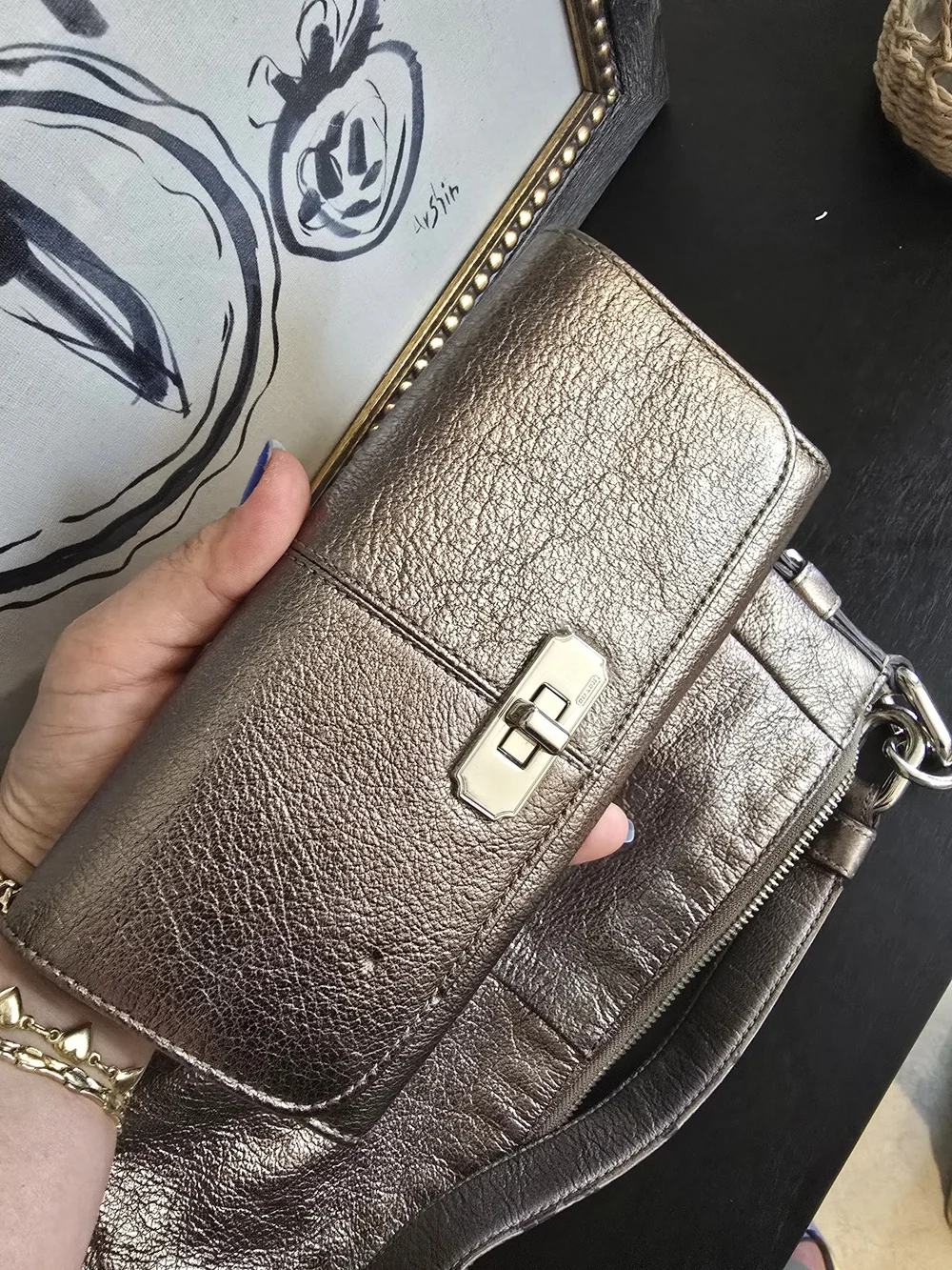 Coach Chelsea Ashlyn Metallic Pewter Leather Turnlock Hobo Bag With Wallet
